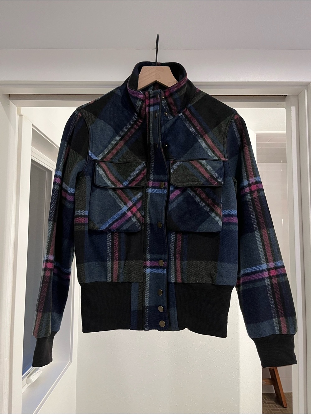 Plaid Blue & Black Cropped Bomber Jacket - Women